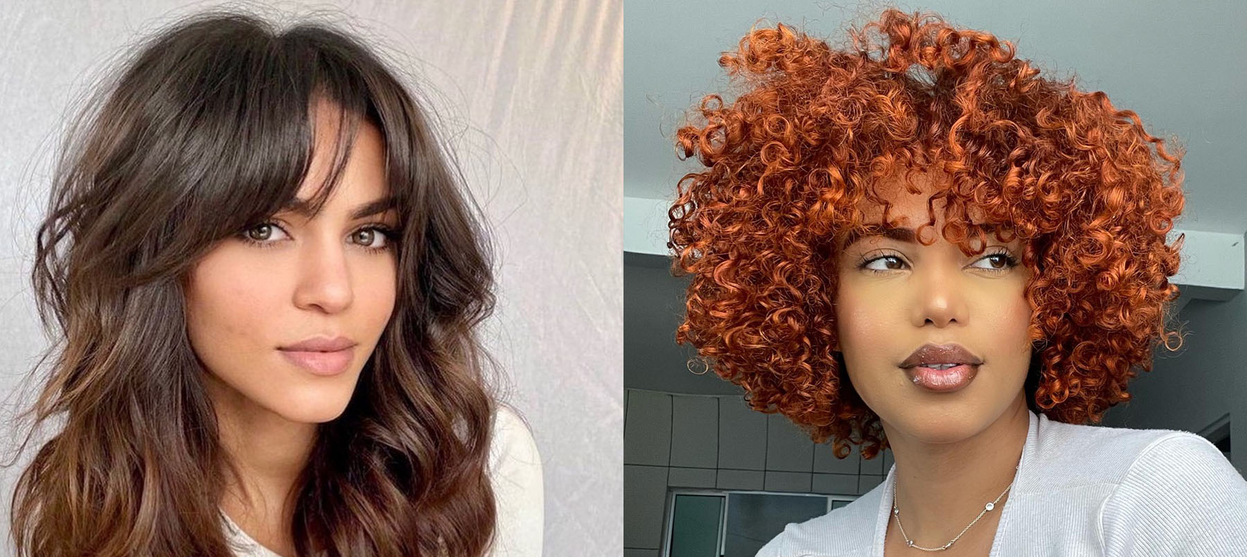inspiração de franja cacheada para rosto redondo