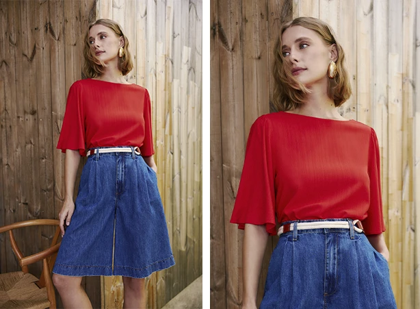 calça vermelha alfaiataria ou jeans com blusa listrada