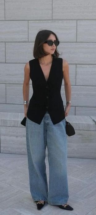 como usar colete jeans com calça alfaiataria