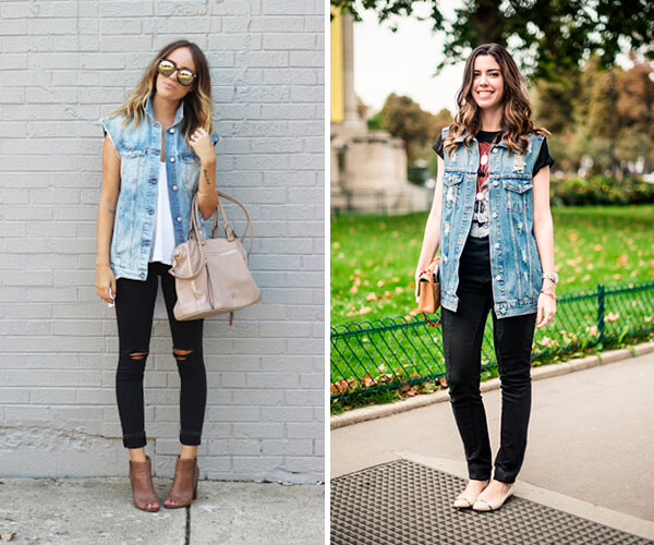 colete jeans cropped com calça alfaiataria pantalona