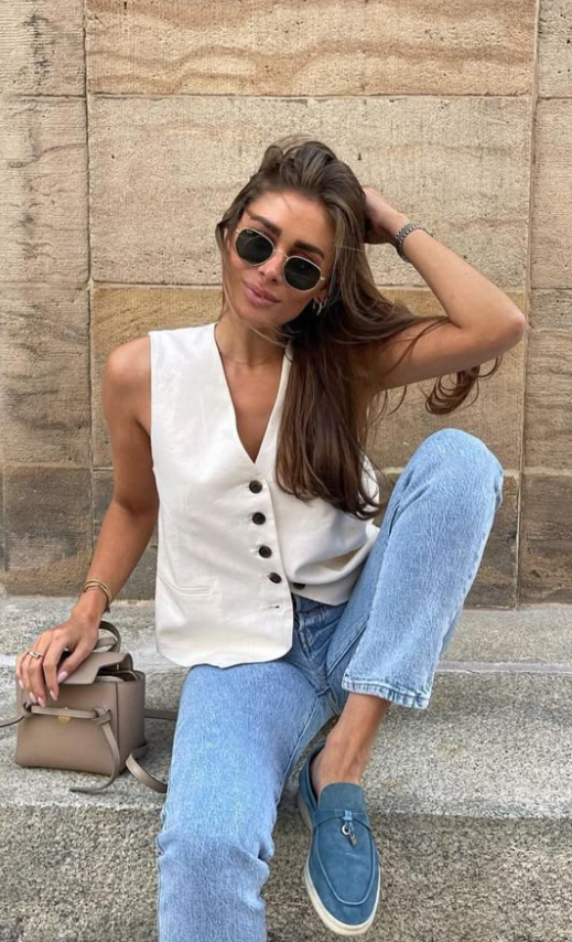 como usar colete jeans com calça alfaiataria