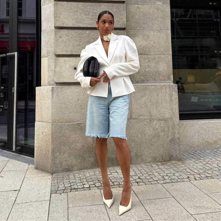 como combinar short jeans cintura alta com blazer linho
