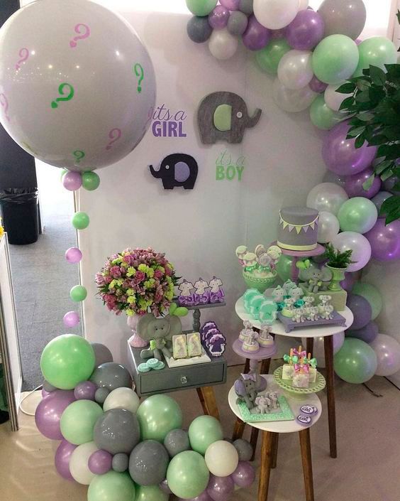 decoração chá revelação clássico verde lilás