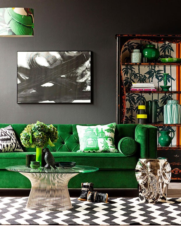 ideias de decoração sala sofá verde escuro