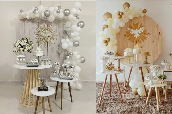 arco desconstruído vs balão bolha para primeira eucaristia