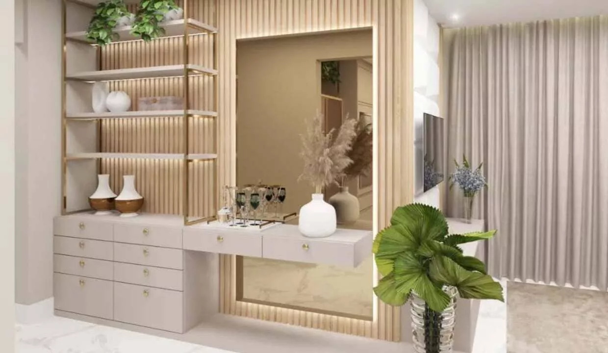 decoração de sala com espelho na parede