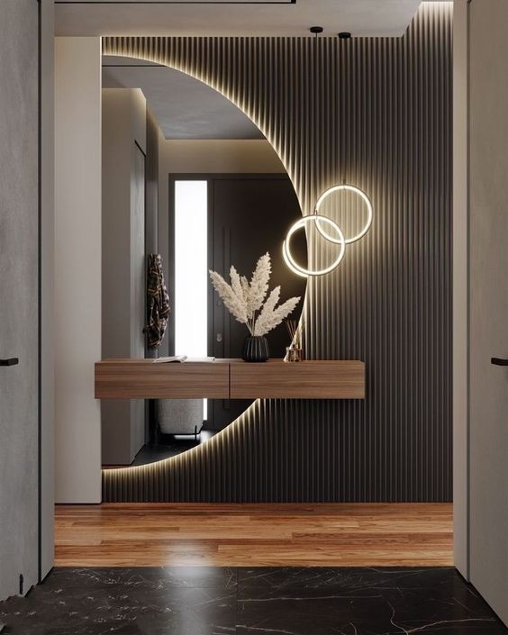 decoração de sala com ripas de madeira