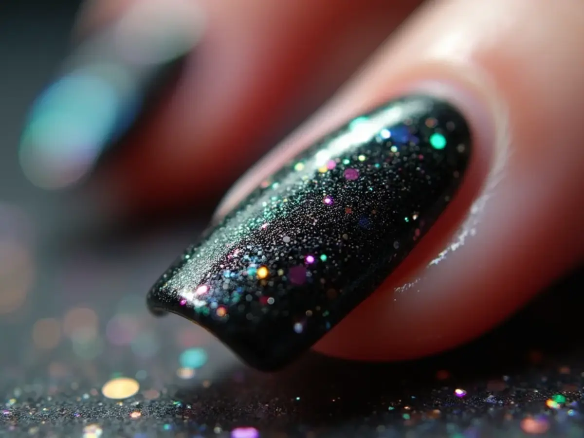 decoração de unha preta com glitter