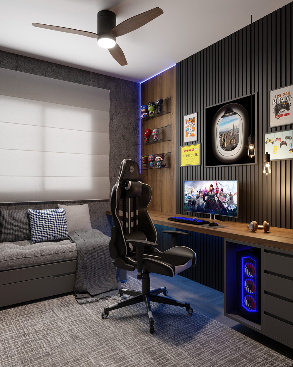 quarto gamer com led azul