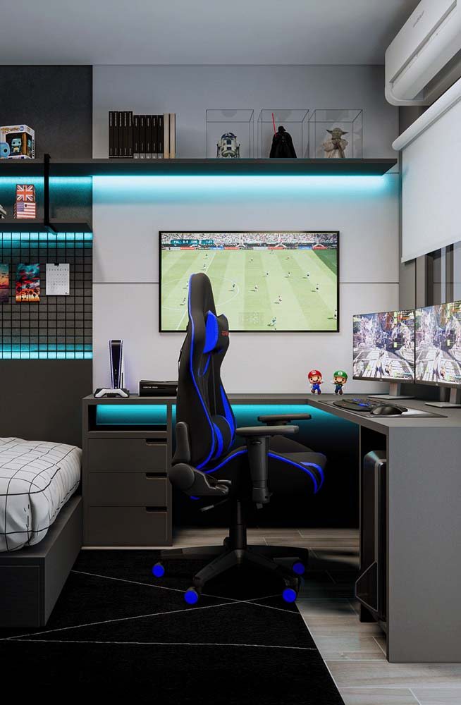 quarto gamer com led azul