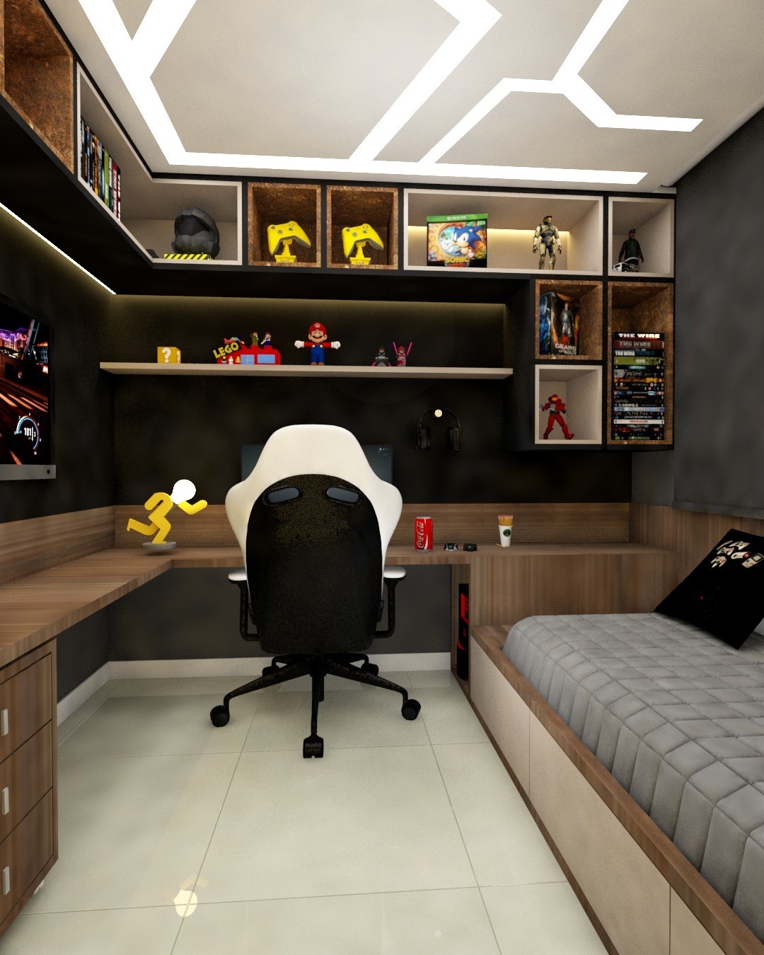 quarto gamer temático (ex: cyberpunk, fantasia)