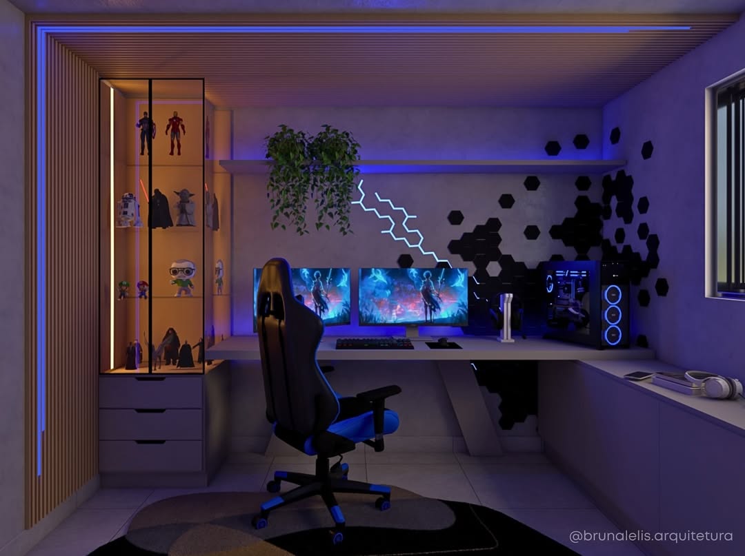 quarto gamer com área de estudo