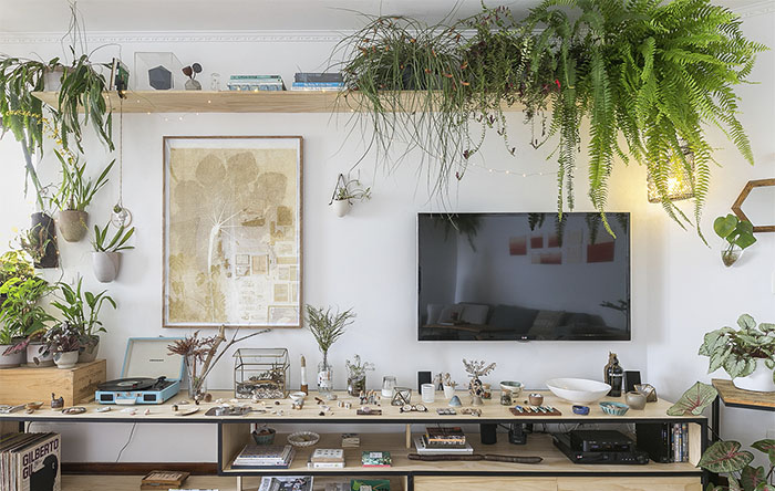 decoração rack sala pequena com plantas