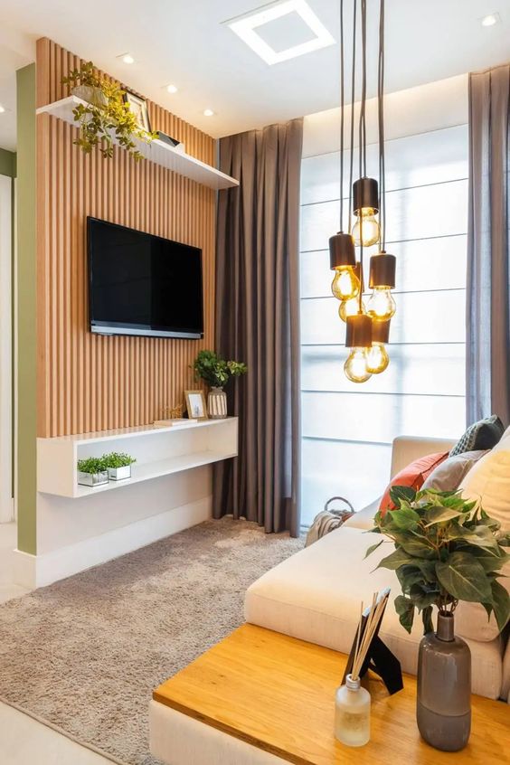 decoração rack sala pequena com plantas