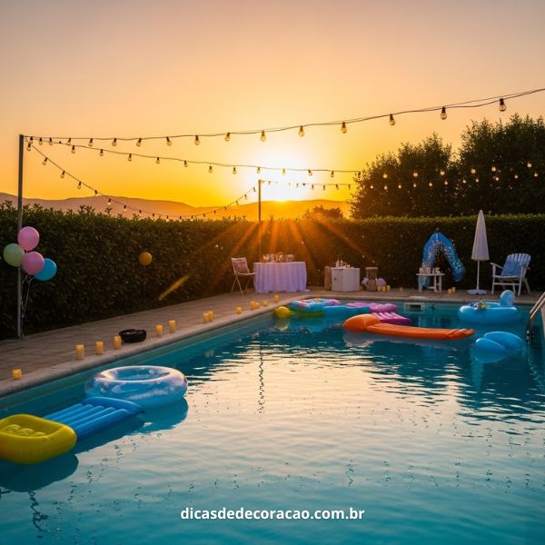 decoração tardezinha na piscina dourada