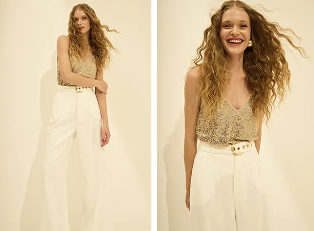 vestido de paete dourado ou conjunto pantalona reveillon