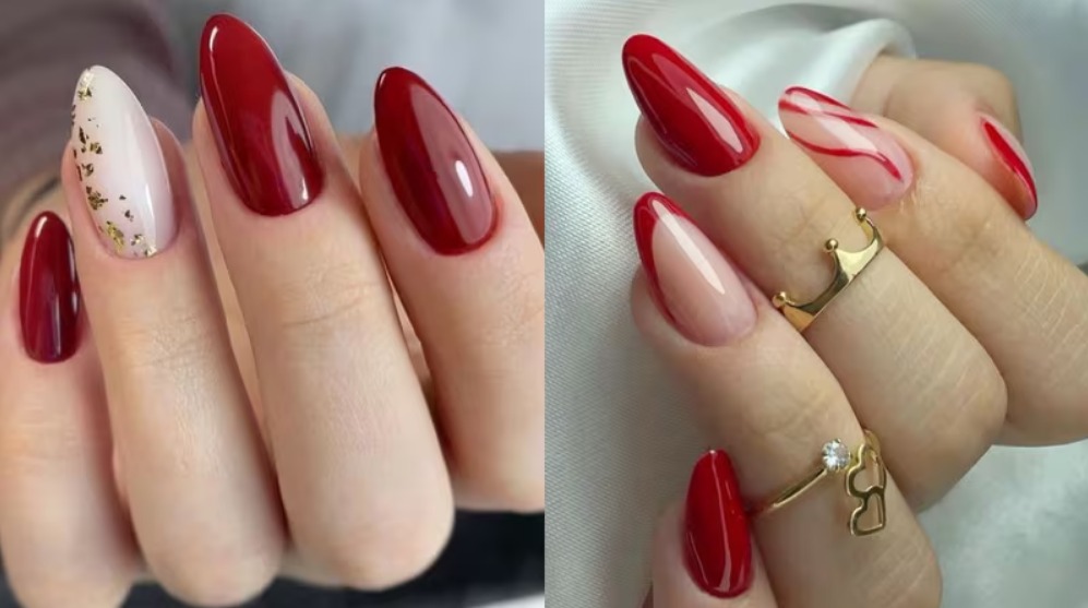 unhas vermelhas com dourado
