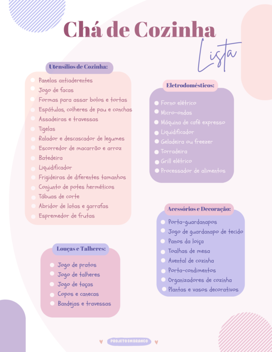 lista para chá de cozinha