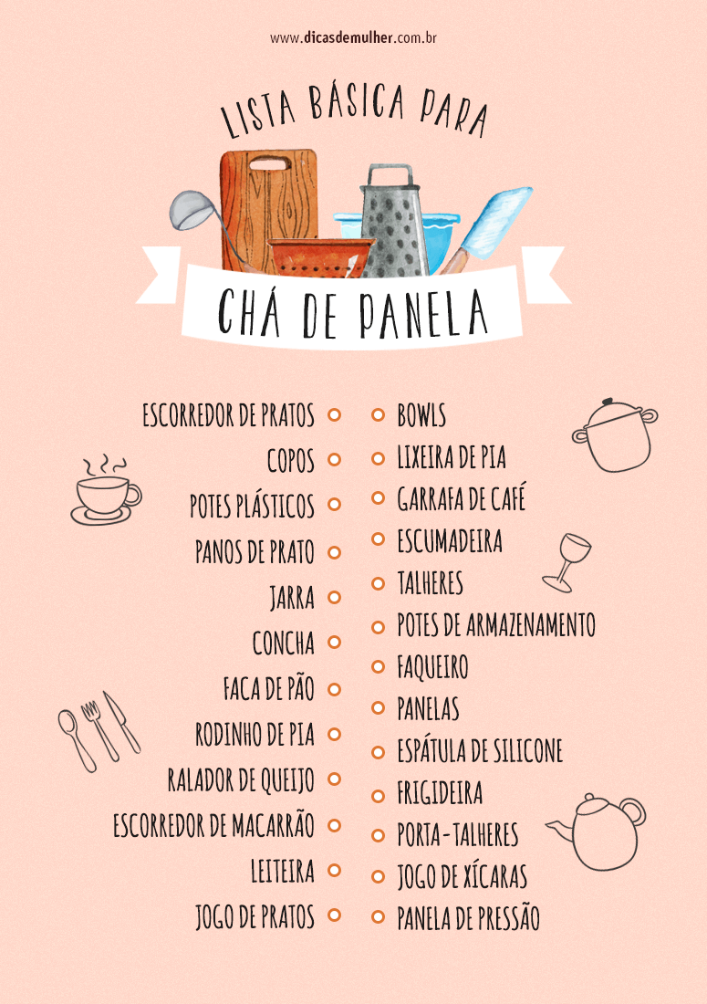 5 ideias de títulos para posts sobre chá de panela:
1. Chá de Panela Essencial: Os Itens Que Não Podem Faltar na Sua Lista
2. Do Básico ao Indispensável: Montando a Lista Perfeita para o Seu Chá de Cozinha
3. Chá de Panela com Estilo: Dicas para Escolher Presentes Funcionais e Bonitos
4. Organizando o Chá de Panela: Passo a Passo para uma Lista de Sucesso
5. Presentes Inteligentes para o Chá de Panela: Economia e Utilidade para a Nova Casa