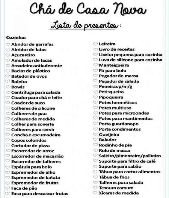 lista para chá de cozinha