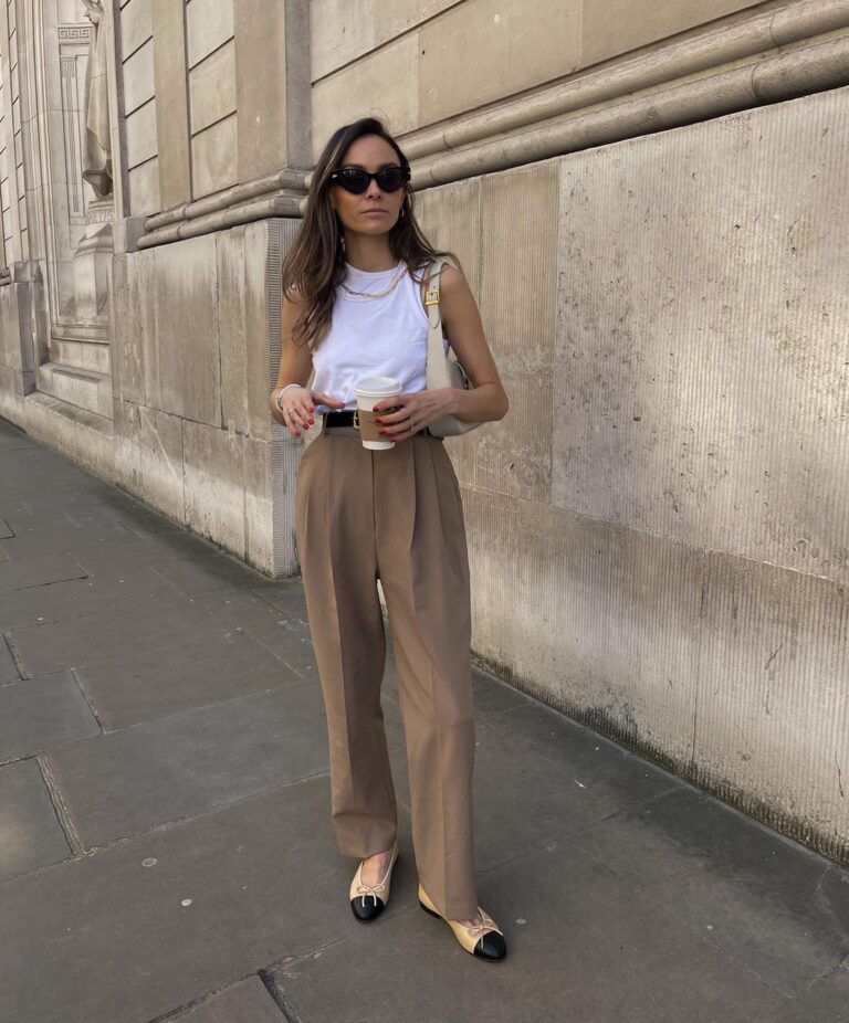 look com calça de linho bege
