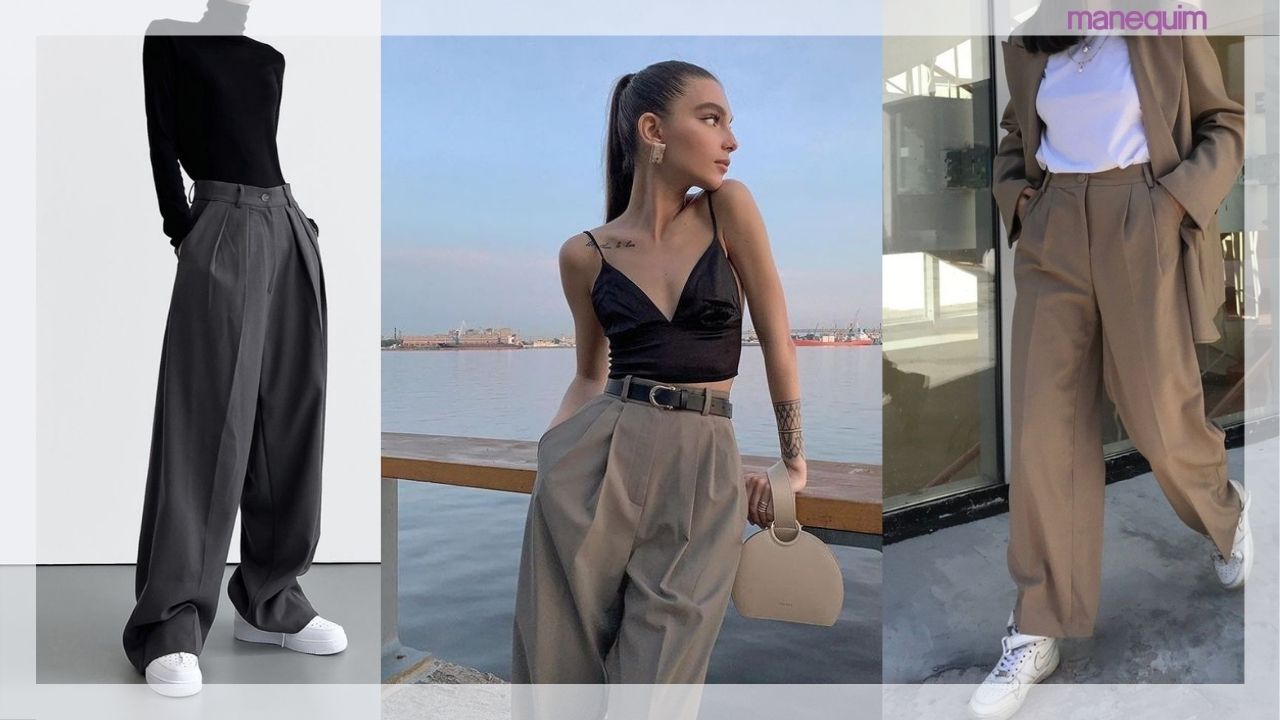 look moderno com calça wide leg