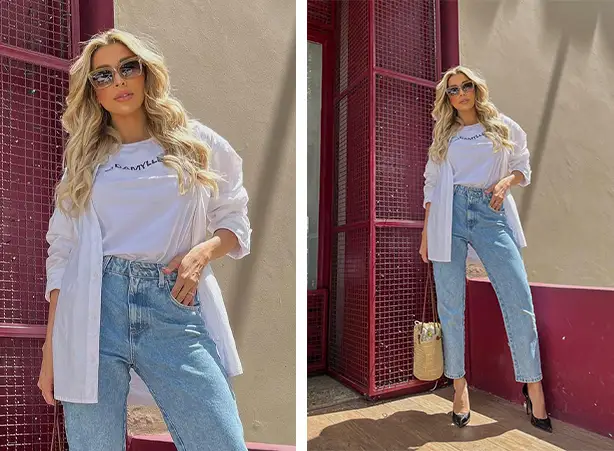 look calça mom jeans e tênis