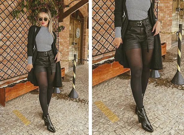 look com meia calça e shorts jeans