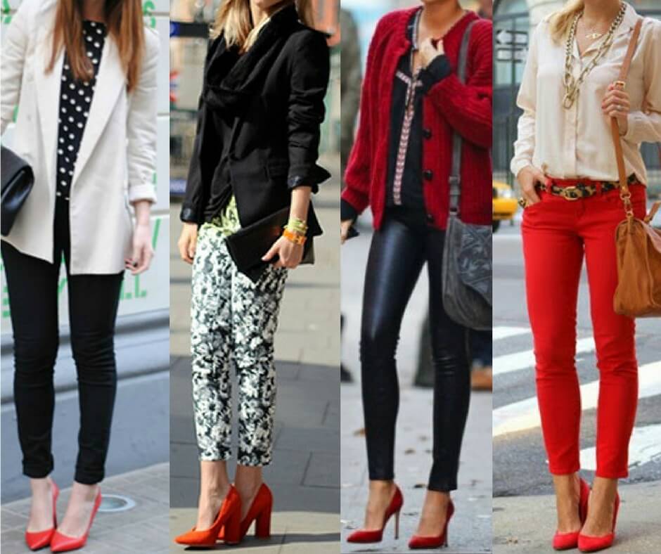 sapato vermelho com roupa neutra