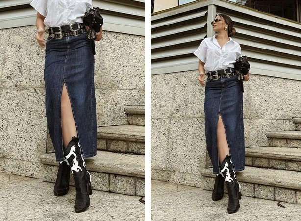 look saia longa com bota cano longo