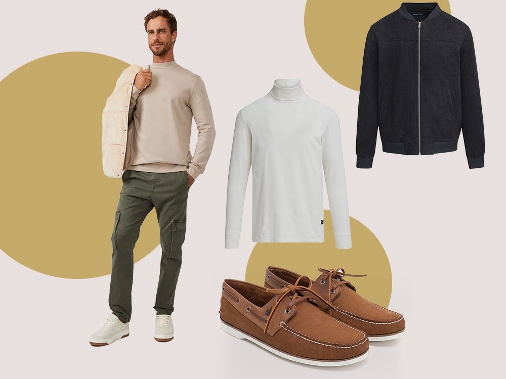 calça cargo bege e branca
