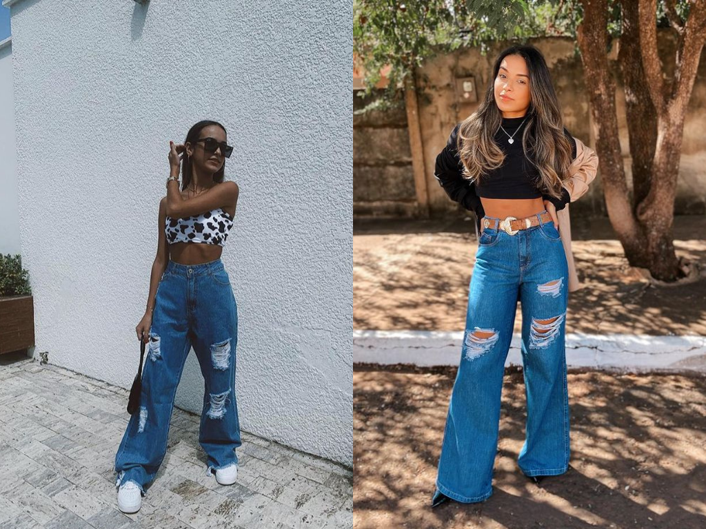 looks com calça jeans larga feminina inspiração
