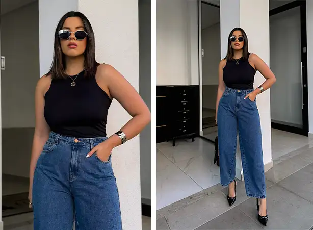 calça jeans preta com tricô