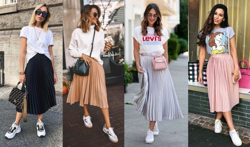 looks com saia plissada curta