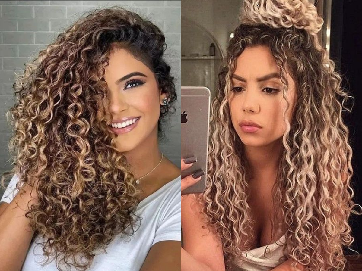 luzes caramelo cabelo cacheado
