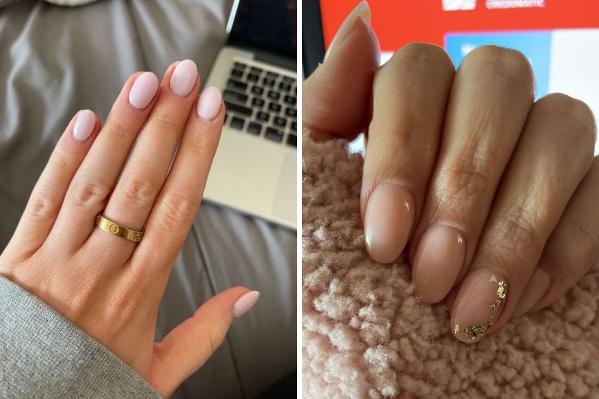 inspirações de unhas amendoadas curtas com francesinha colorida