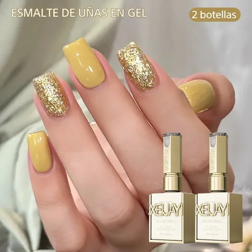 unha em gel amarela com glitter furta-cor