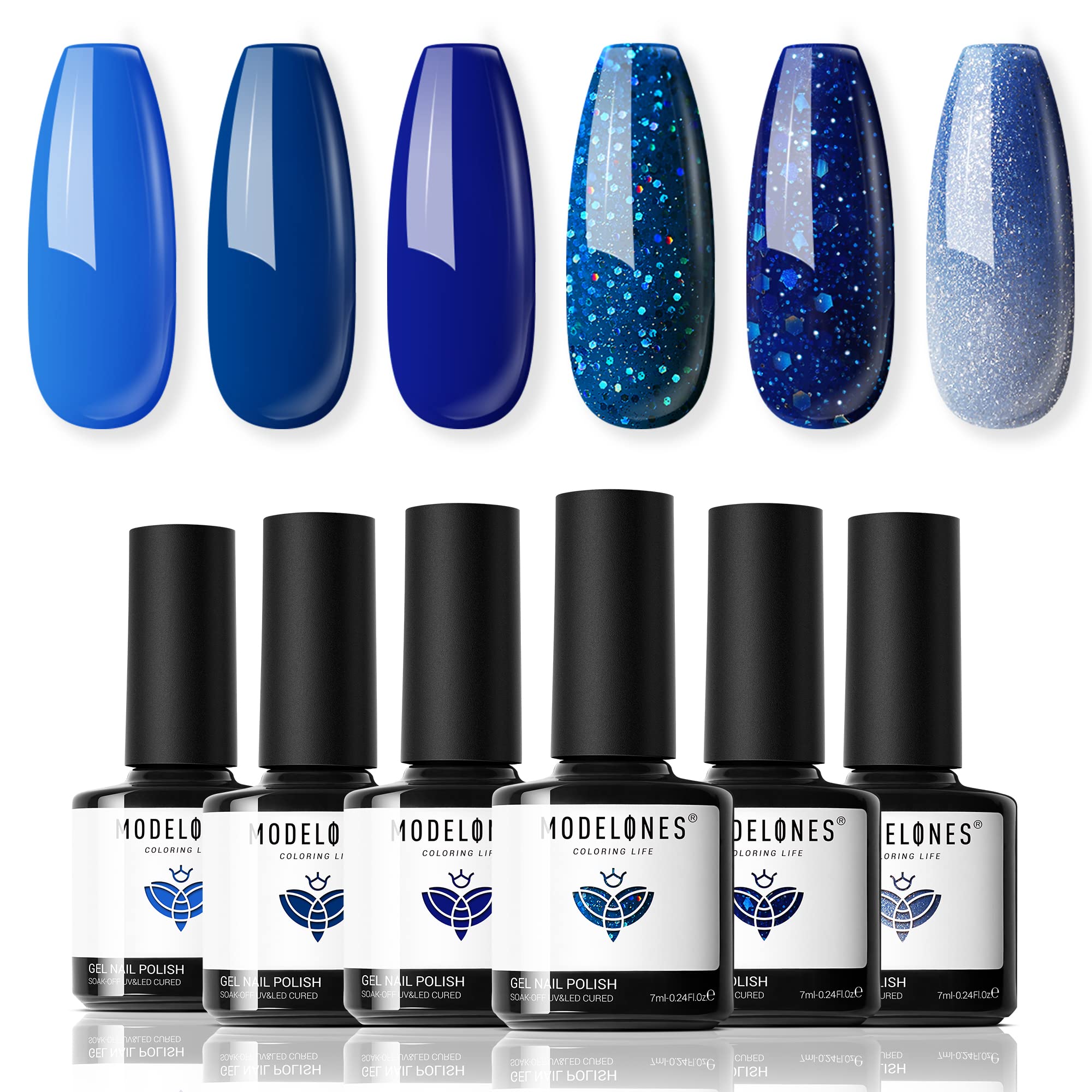 Unha Em Gel Azul Com Glitter