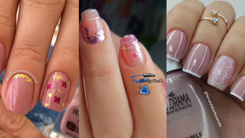 Unhas rosa claro com glitter