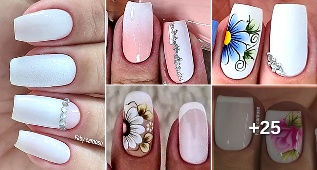 unhas branca decorada