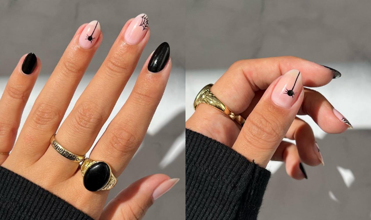 unhas halloween com esqueleto