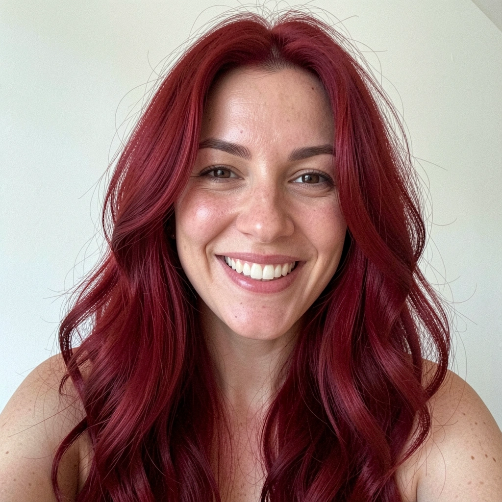 Cabelo longo em tom vermelho fechado e brilhante sob iluminação natural.