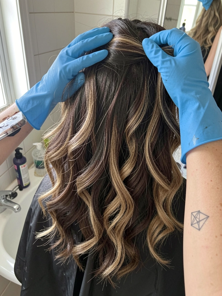Mulher com luvas de borracha aplica tintura no cabelo sobre uma pia de banheiro.