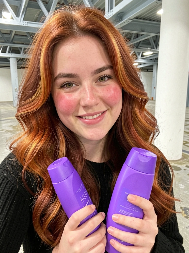 Frasco de shampoo roxo e condicionador lado a lado sobre superfície clara.