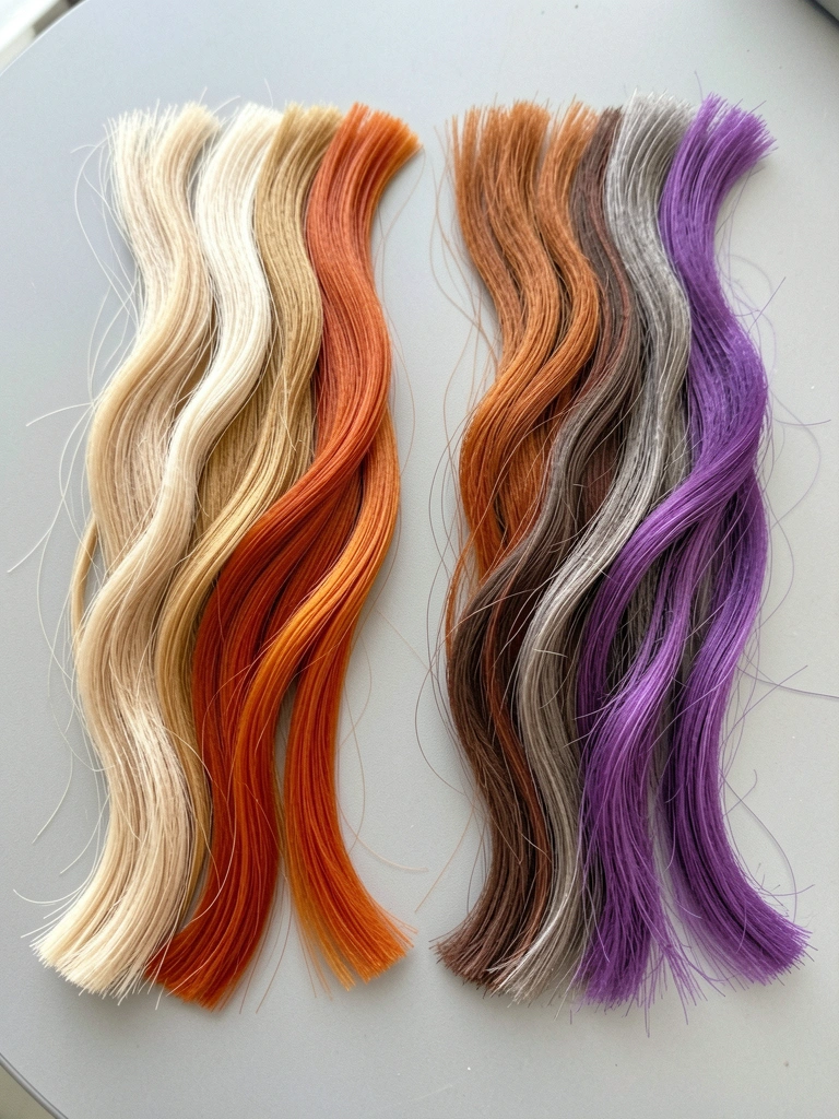 Duas mechas de cabelo lado a lado: uma com tintura permanente e outra com tonalizante semi-permanente, em tons castanhos.