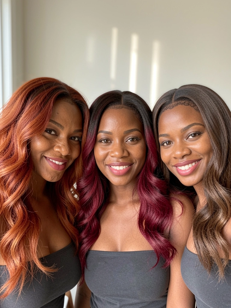 Três amostras de cabelo: balayage ruivo, ombré cherry cola e castanho sólido, lado a lado.