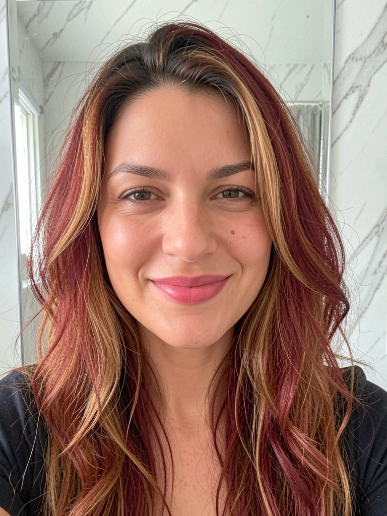 Cabelo longo com balayage em tons de cereja e caramelo, mechas suaves e brilho natural.