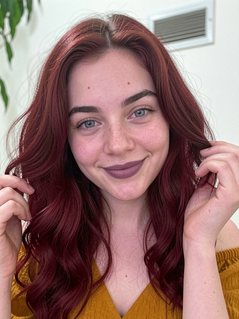 Mão segurando mecha de cabelo vermelho intenso ao lado de pele clara rosada.