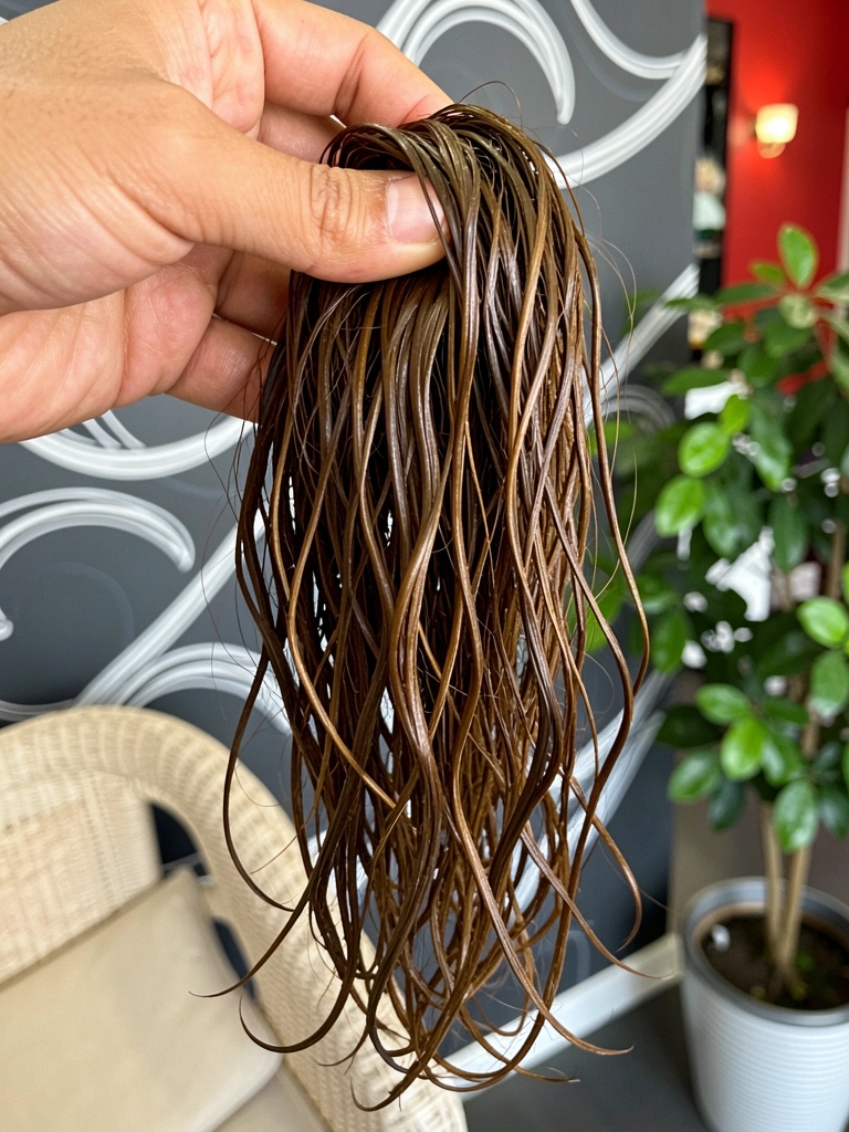 Mão segurando mecha de cabelo castanho intenso ao lado de pele morena clara.