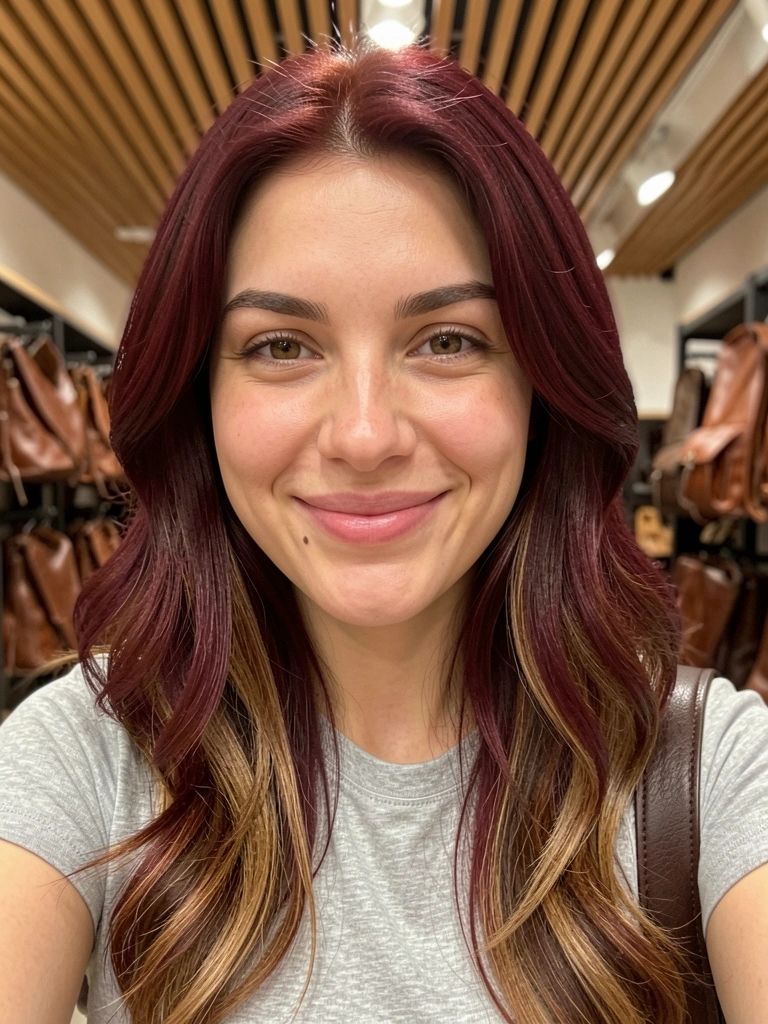 Mulher morena com cabelo Cherry Cola sorrindo, iluminação natural.